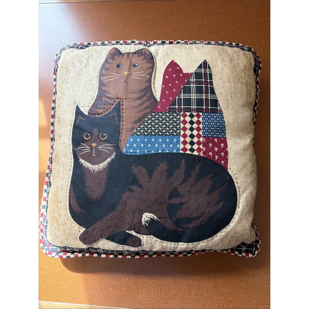Vtg Patchwork Cats Handmade Folk Panel Pillow 12" Square